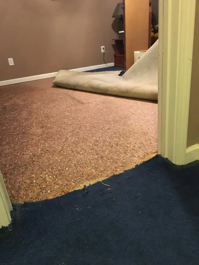 Carpet pad removal revealing water damage during Water Mitigation Services in Hockessin